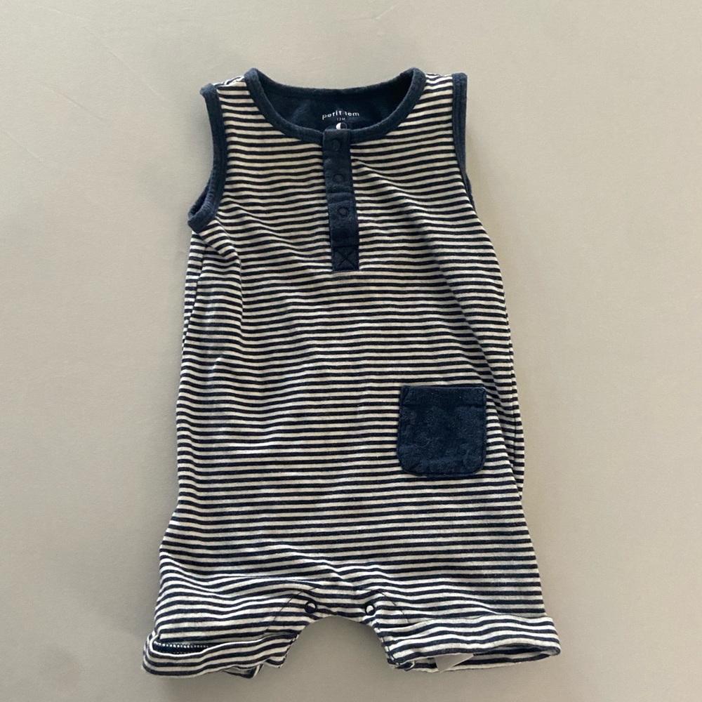 Petit Lem Navy and White Striped Romper 12m